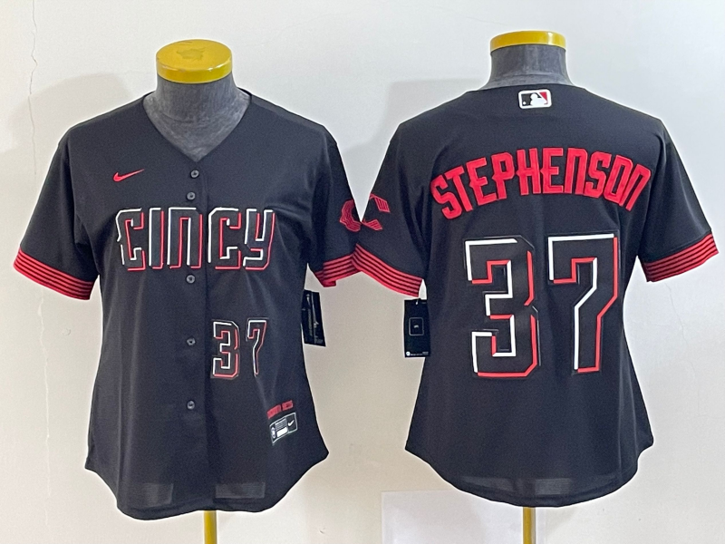 Women's Cincinnati Reds #37 Tyler Stephenson Black 2023 City Connect With Patch Stitched Baseball Jersey(Run Small)